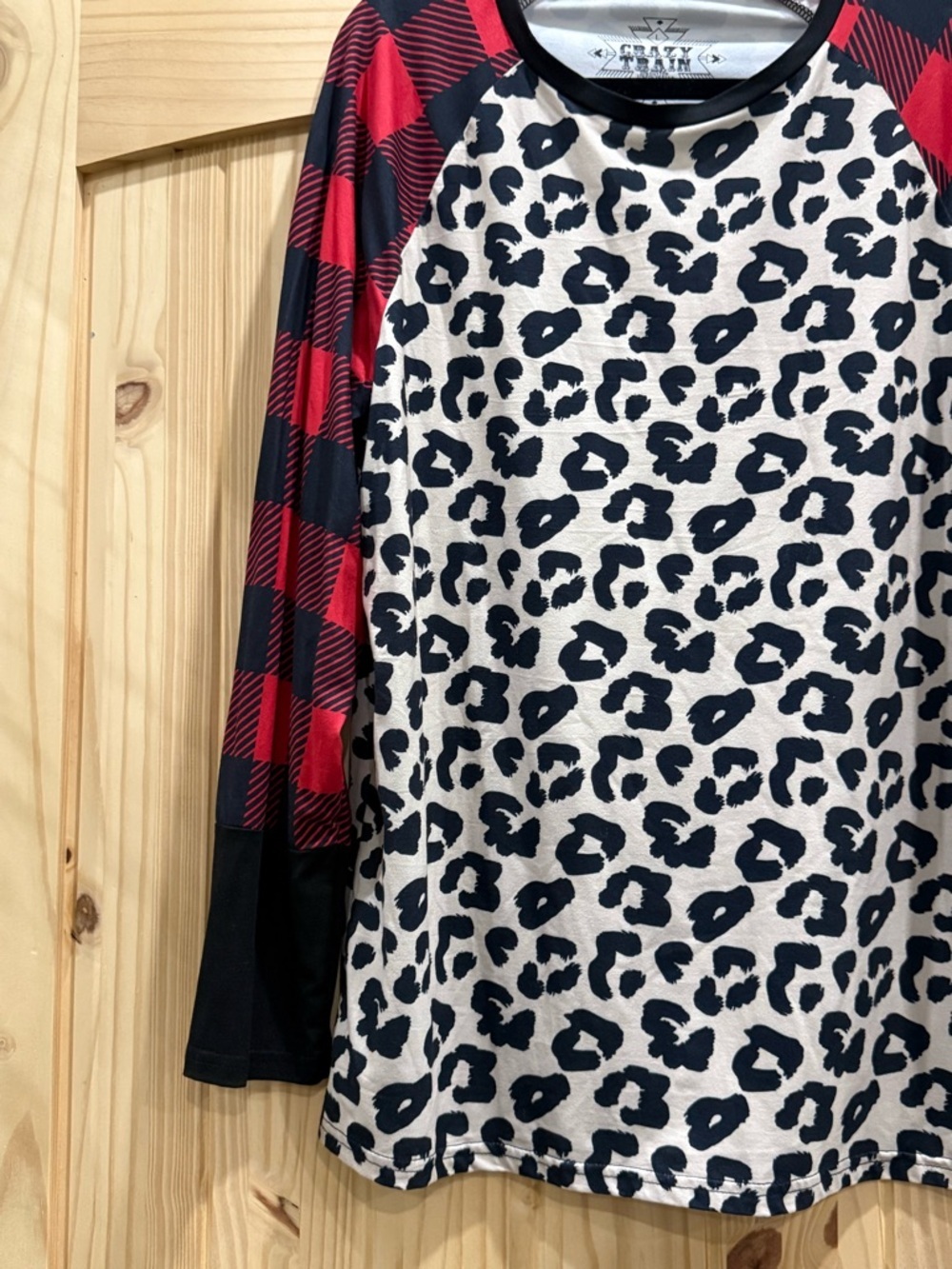 Crazy Train Black & White Leopard Print Top with Red Buffalo Plaid Sleeves - Picture 2 of 4